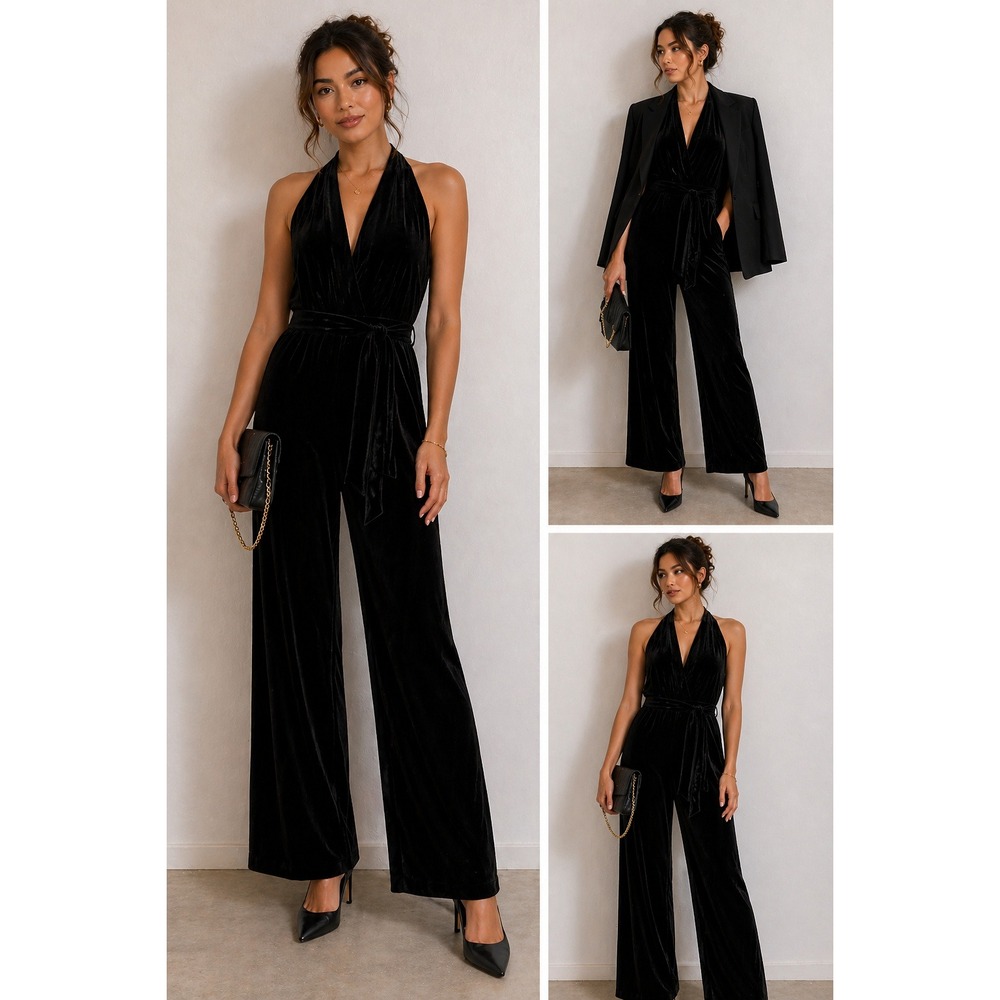 Banana Republic Black Velvet Halter Jumpsuit Size 0 Wide Leg Backless Holiday